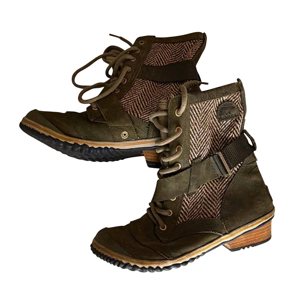 Womens 8.5 Sorel, Major Carly Boots, Olive Green, Suede Herringbone